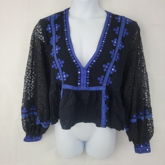 FREE PEOPLE Womens LARGE Shirt Blouse Boogie All Night Lace Black Blue - Picture 1 of 12